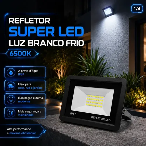 Kit 4 Refletores Super Led 200w Holofote Bivolt Ip67 Prova D'água Branco Frio 6500k 127/220v Preto