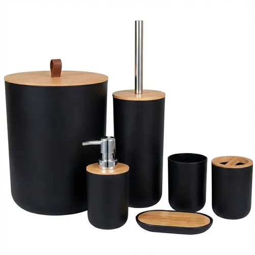 Kit Conjunto Banheiro 6 Peças Lixeira Com Tampa Bambu Plástico Organizador Decoração Lavabo Suporte Sabonete Liquido Escova De Dente Lixo Escova De Vaso Sanitario Preto Shokki