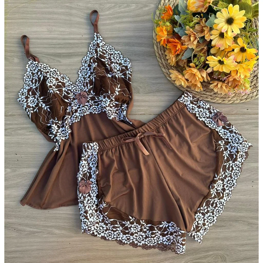 baby doll feminino, short doll rendado em renda bicolor, roupa de dormir