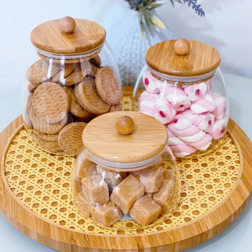 Kit Potes porta tempero vidro hermético cozinha BOLINHA TRANSPARENTE com tampa de bambu para mantimentos PMG