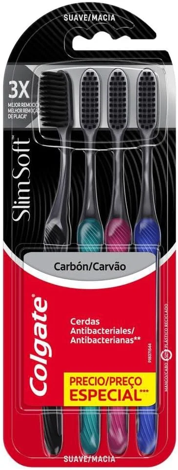 Colgate Escova de Dentes Slim Soft Premium 4 Unidades | Cerdas Finas, Limpeza Profunda, Infusão de Carvão Ativado