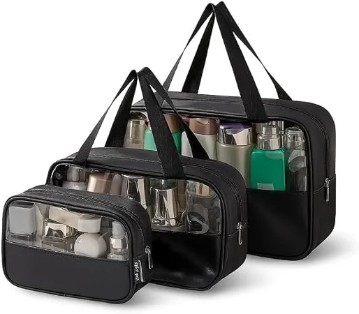 Kit Necessaire 3 em 1 Bolsa de Viagem para Maquiagem e Higiene Pessoal Unissex Washbag Transparente – Grande Capacidade Organizador em PVC Impermeável Ideal para Academia, Mala, Mala de Mão (Preto)