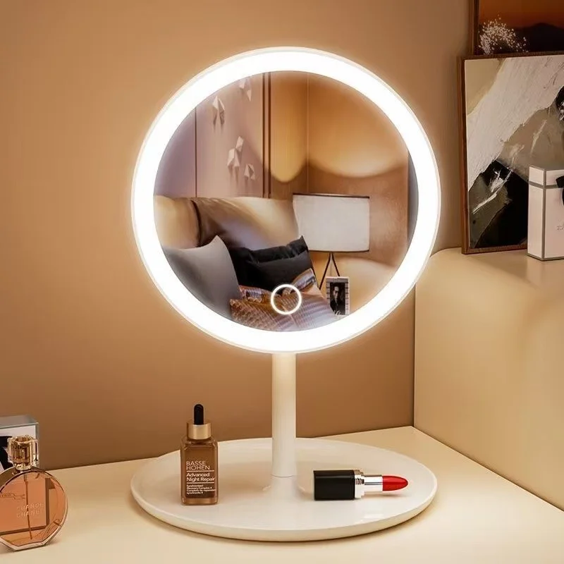 Espelho LED de Mesa com Bandeja Porta Maquiagem Luz 3 Cores Ajustável Touch USB