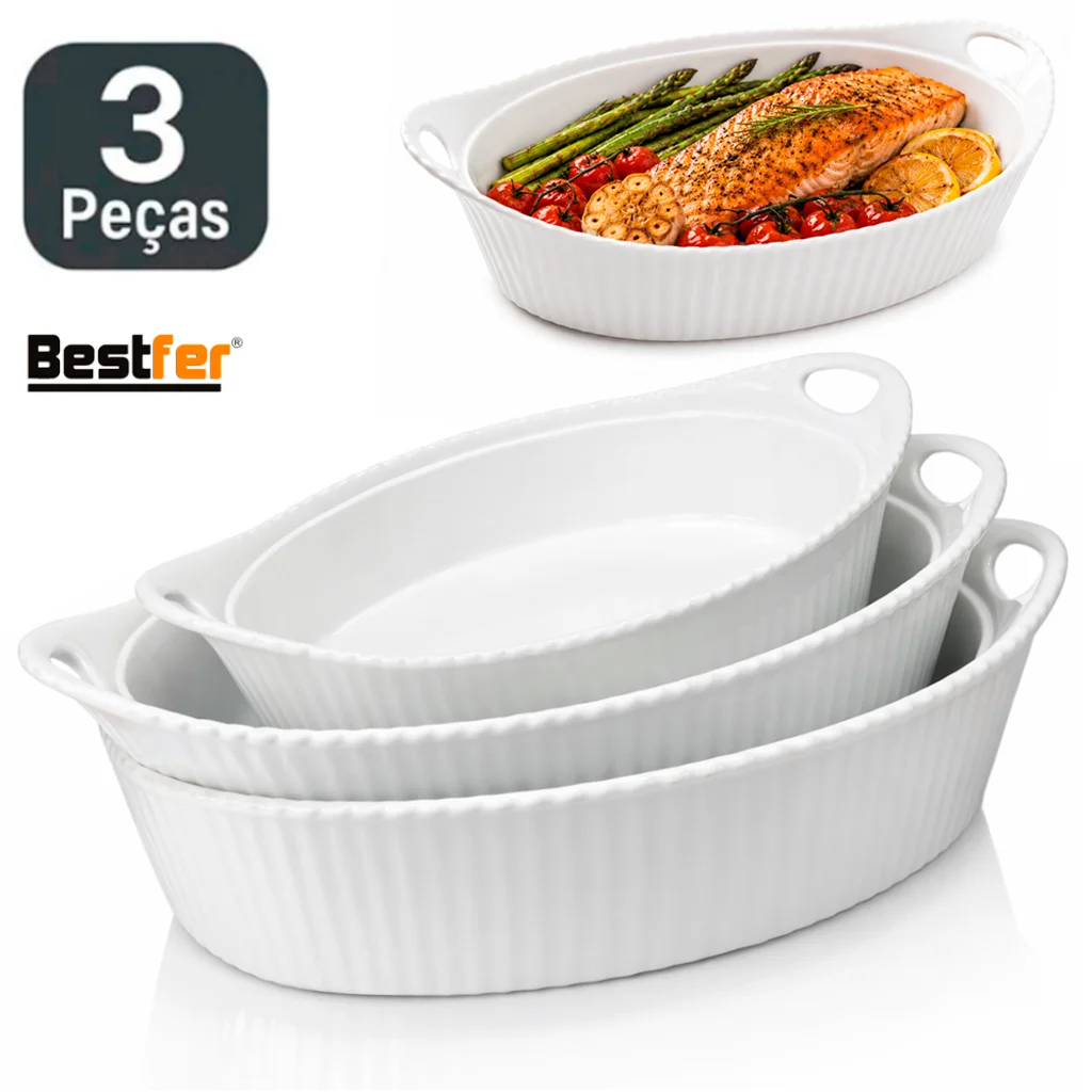 Conjunto Jogo de Assadeiras 3 peças Travessas Oval em Melanina Bestfer PMG Branca opaline Saladeira