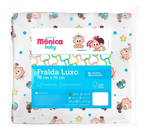 Kit 5 Fraldas De Pano Luxo Turma Da Mônica Baby