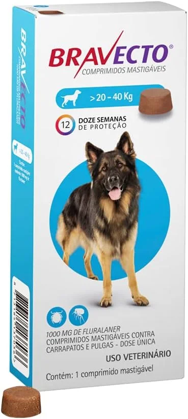 Bravecto® 1000mg Comprimido Mastigável Antipulgas e Carrapatos para Cães de 20 a 40kg – 1 Comprimido – MSD Saúde Animal
