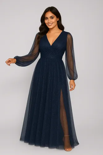Vestido Longo Tule Brilho Com Manga E Fenda Casamento