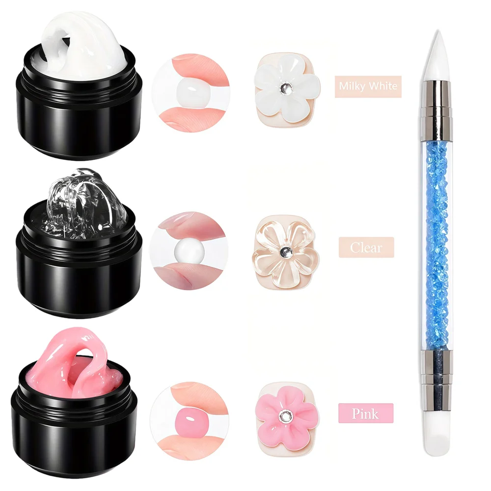Conjunto de 4 peças 10 ml de gel sólido antiderrapante com caneta de ponta dupla, kit 3D para unhas em relevo e