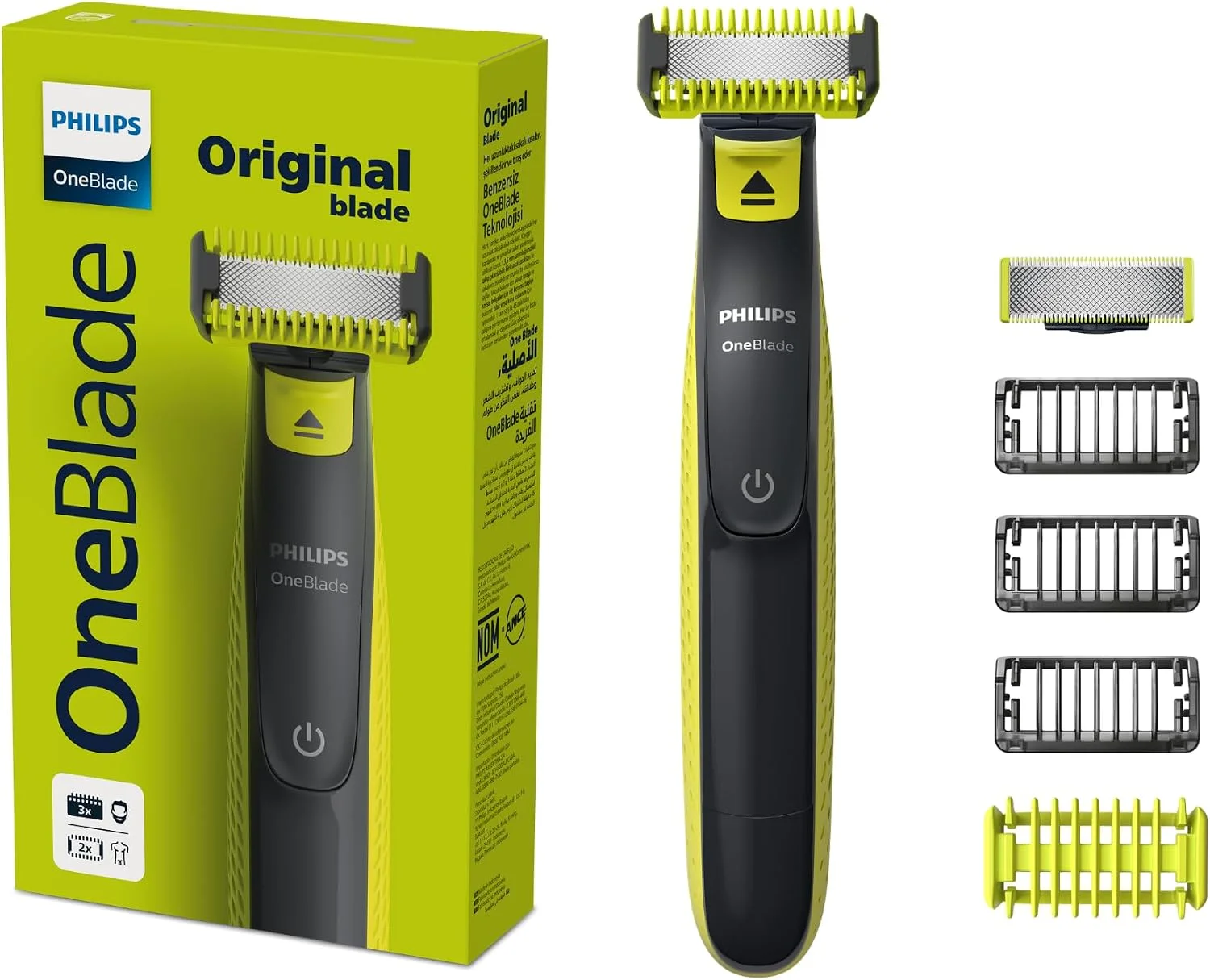 Philips OneBlade Barbeador e Aparador Elétrico para Rosto e Corpo | Barbeia e apara rosto e corpo sem irritar | Uso a Seco ou Molhado | Lâmina Dupla Face | 3 Pentes + Kit Proteção | QP2824/10