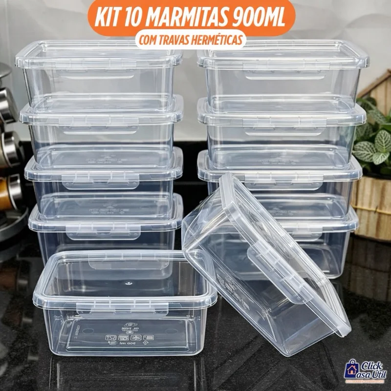 Kit 10 Marmitas Potes 900ml Travas Laterais hermeticas - Livres de BPA Alimentos organiza congelador