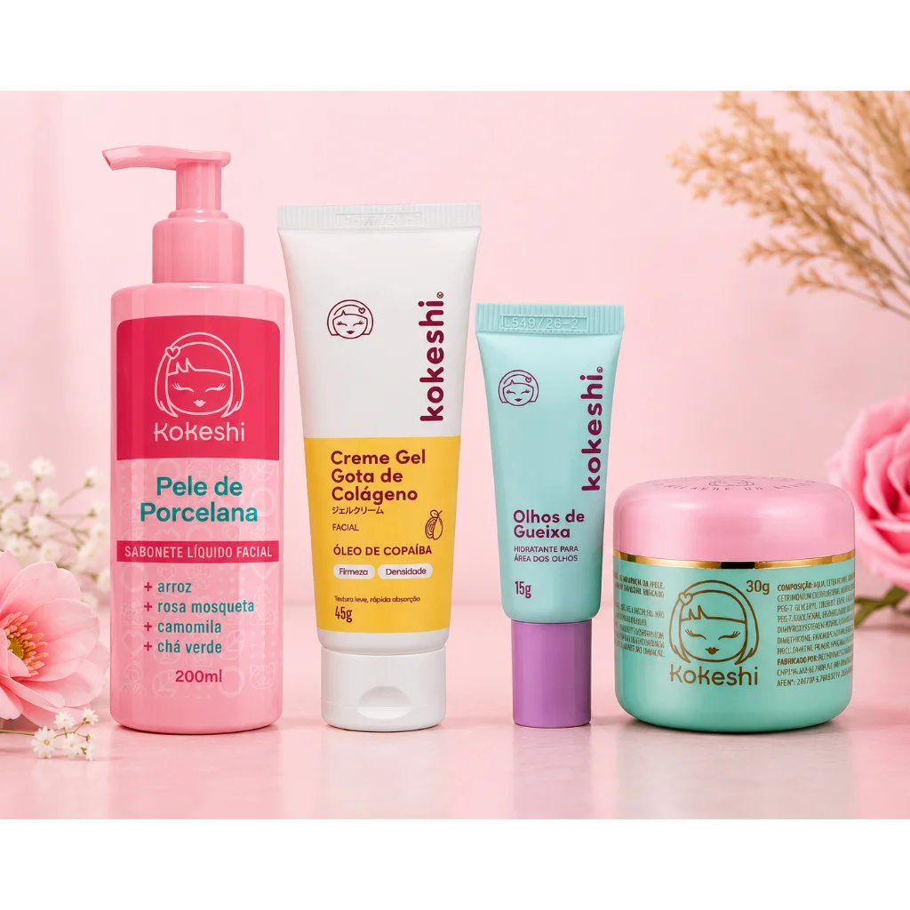 Kit Skincare Kokeshi ou Produtos Individuais | Sabonete Facial | Creme Gel Colágeno | Creme Área dos Olhos | Hidratante