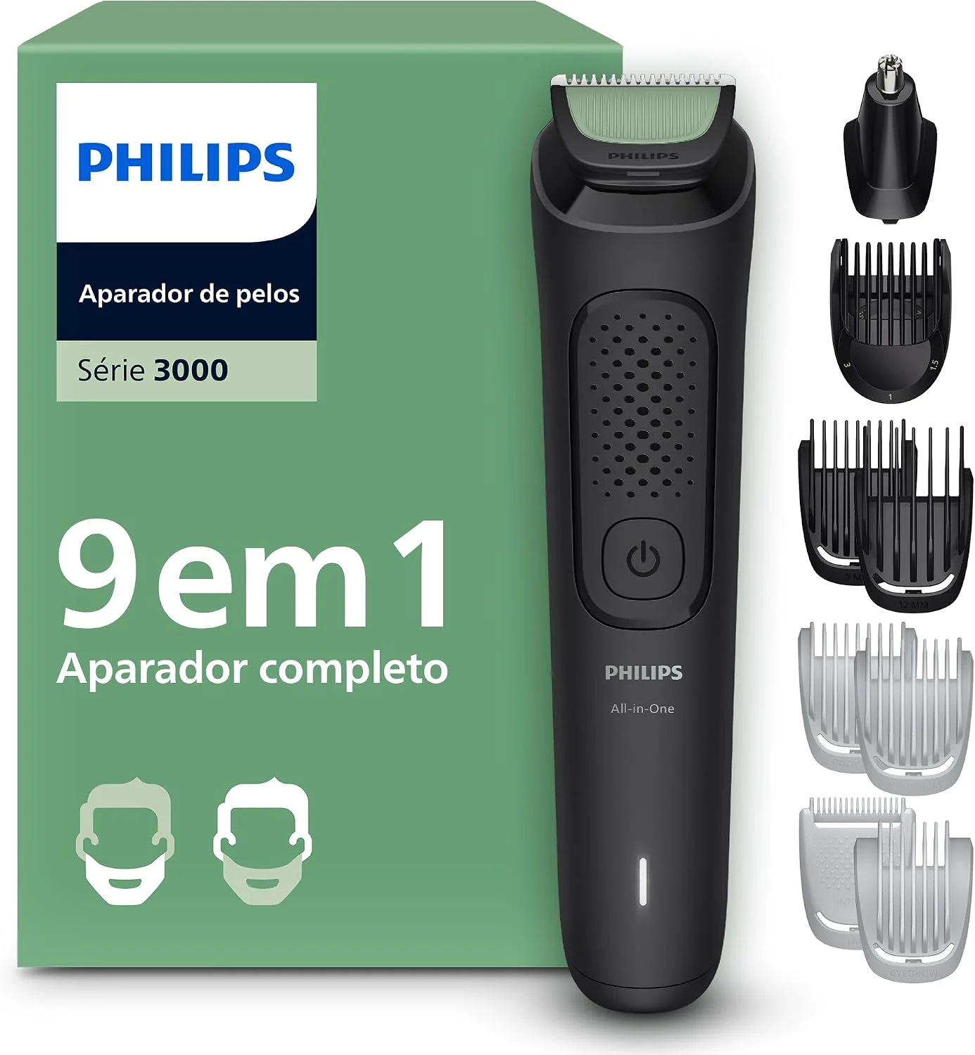 Aparador de Pelos Philips All-in-One 9 em 1 Série 3000 | Máquina para Rosto, Cabelo e Corpo | Barbeador Elétrico Multigroom | MG3927/15