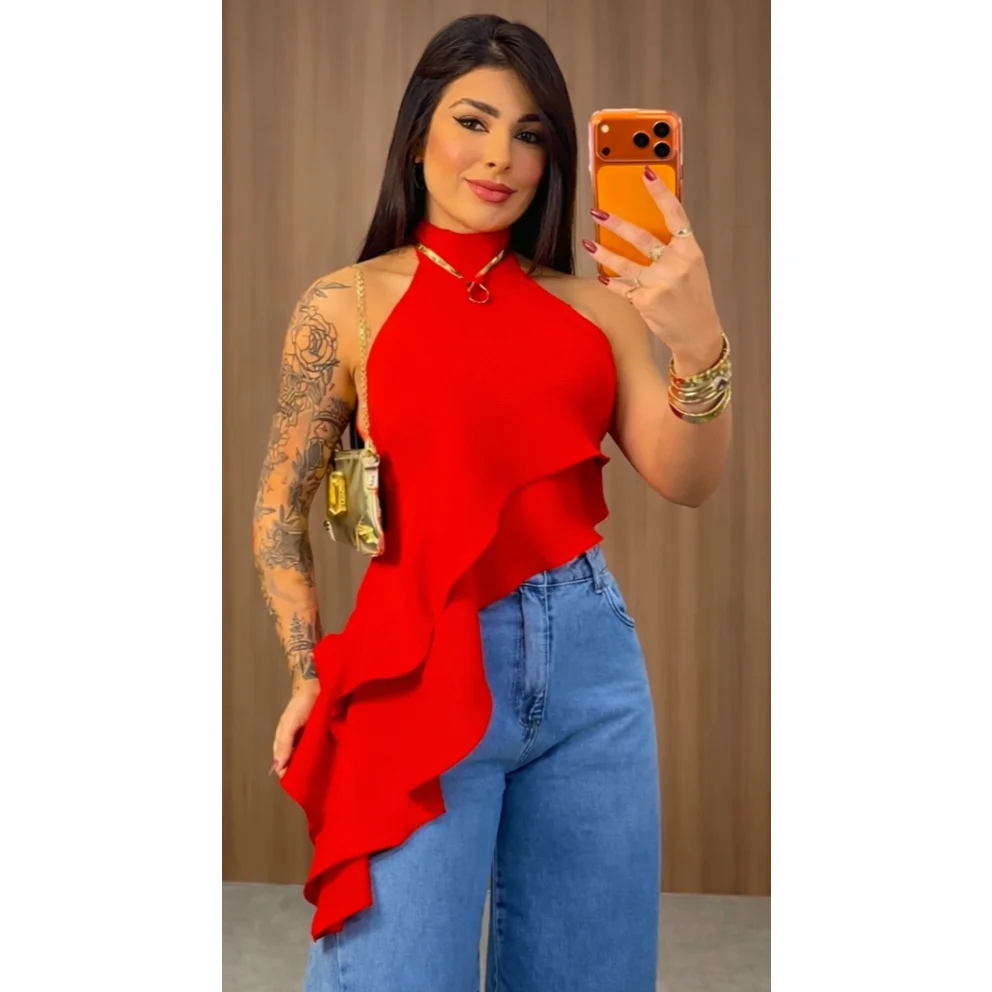 Blusa Regata Feminina Gola Alta Estilosa Elegante Tecido  Dunas Premium Liso