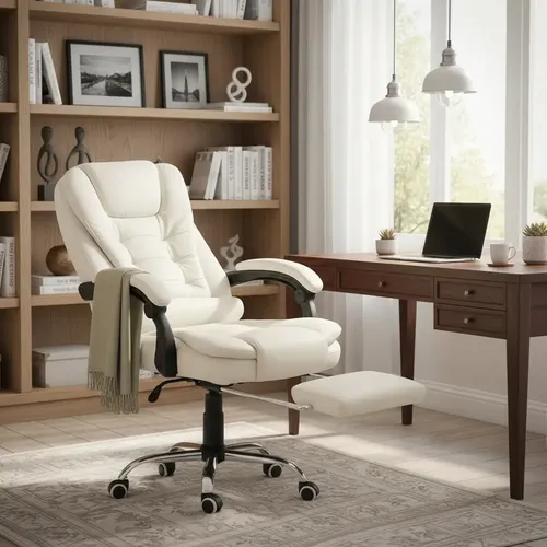 Cadeira De Escritório Itália Presidente Ergonômica Couro Sintético Encosto Ajustável Com Trava E Apoio Para Pés Cor Branca Luvinco Branco