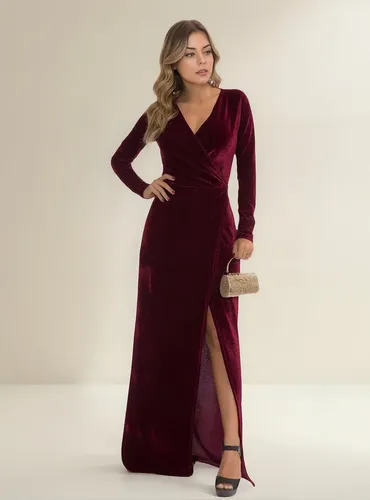 Vestido Longo Fhaipi Veludo Cristal Saia Fenda Feminino