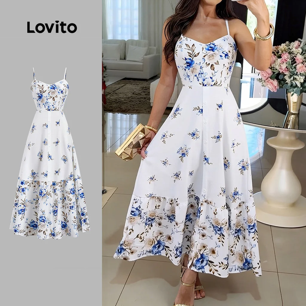 Lovito Vestido Boho com Botões Na Frente Estampa Primavera/verão para Mulheres LBL34097