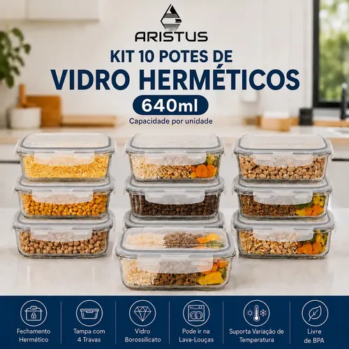 Kit 10 Potes Vidro Hermético Aristus 640ml Marmita Anti Vazamento Forno Micro-ondas Freezer Tampa 4 Travas - Cinza