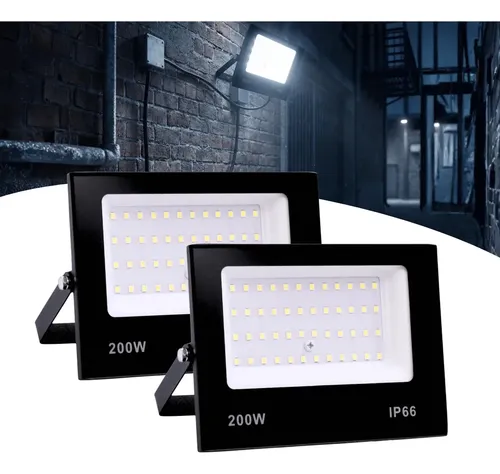 Kit 2 Refletor Led Holofote 200w Ip66 Branco Frio Carcaça Preto Luz Branco-frio