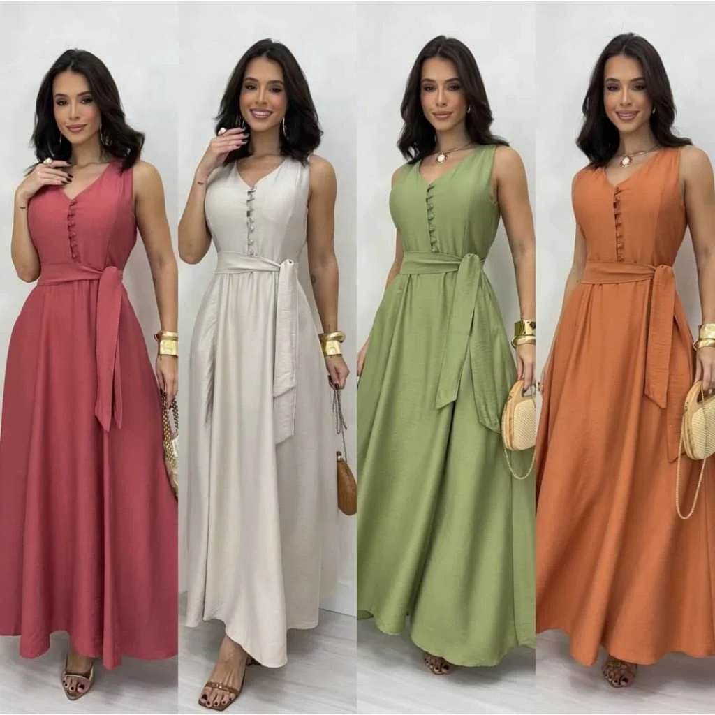 vestido regata con botom perolados com bolço y tem laço