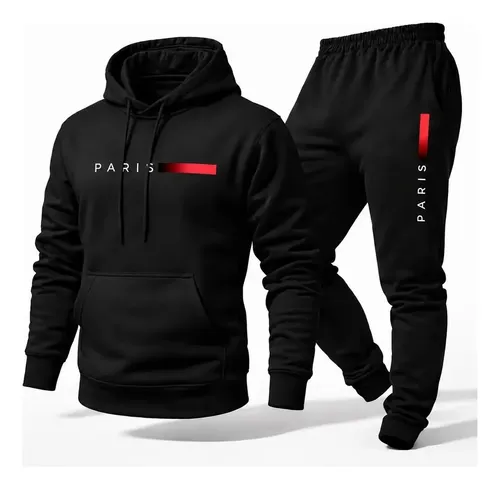 Conjunto Moletom Unissex Paris Canguru Com Capuz Calça Gg Preto