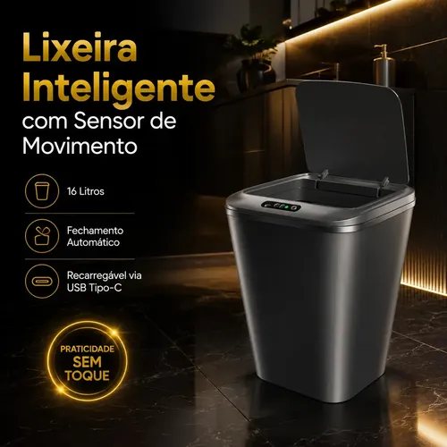 Lixeira Inteligente Automática Preta Universal Com Sensor Hearbuds Recarregável Anti Odor 16L