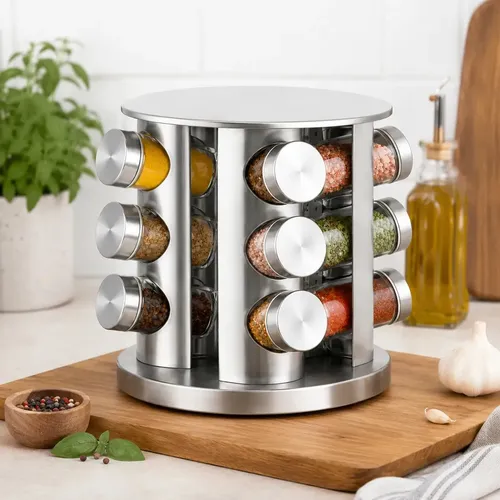 Porta Temperos Giratório 360° 12 Potes Vidro 85ml Inox Organizador De Condimentos Especiarias Suporte Rotativo Tempereiro Bancada Cozinha Armário Mesa Gourmet Porta Condimentos Porta Especiarias