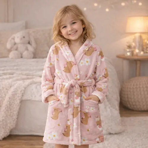 Roupão Infantil Microfibra Estampado Quentinho Macio Inverno Rosa Capivara 08 A 10 Anos