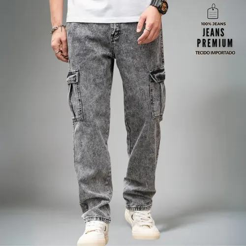 Calça Jeans Cargo Baggy Masculina Streetwear Mesclada P A Gg