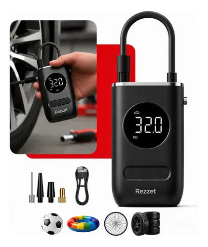 Mini Compressor Digital Portátil Rezzet para Carro Moto e Bicicleta com Calibrador Digital Inflador Elétrico de Pneus LCD Lanterna LED Compacto e Recarregável Preto