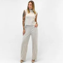 Conjunto Gris em Tecido Blusa Regata e Calça Wide Leg Feminino