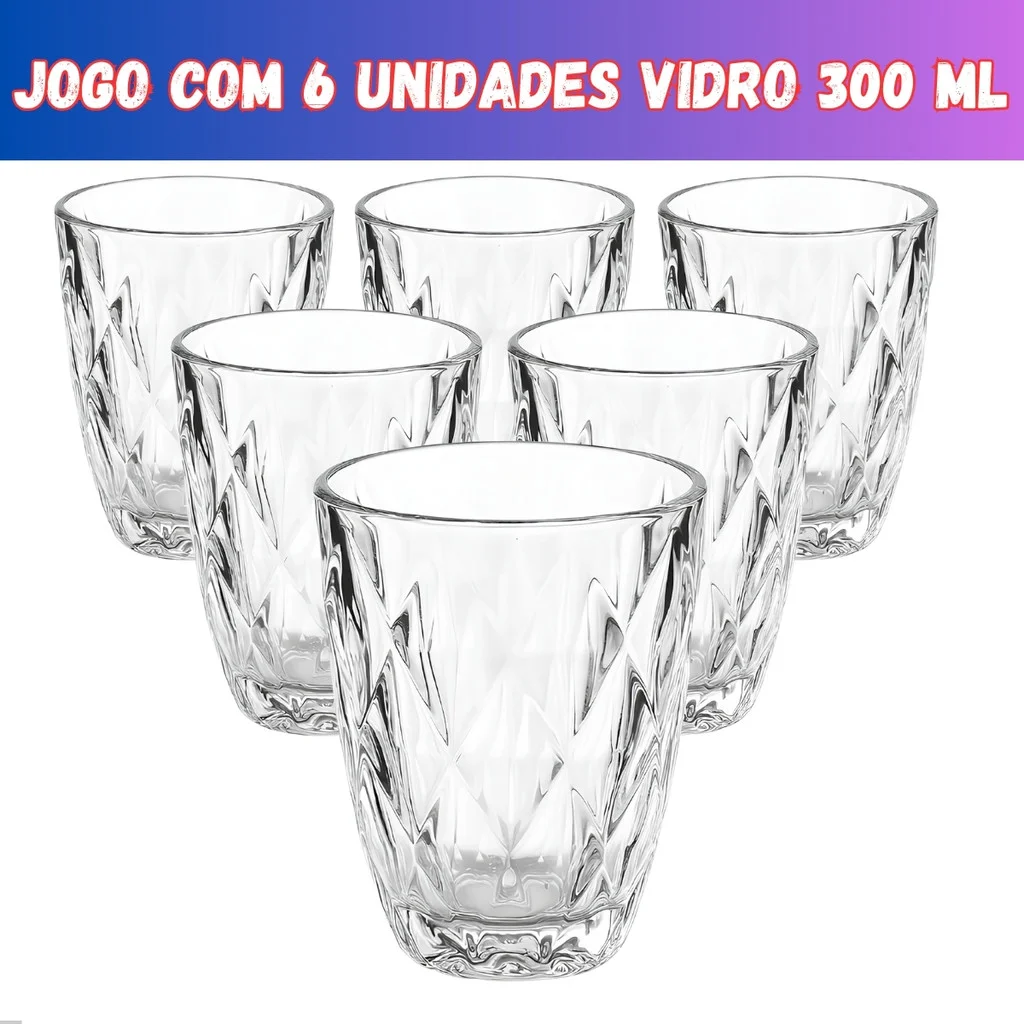 Jogo 6 Copos Baixos Diamond 300ml Vidro Grosso Diamante Luxo