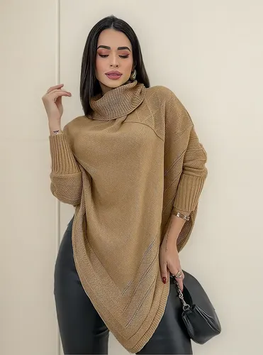 Blusa Poncho Tricot Assimétrico Alongado Manga Longa Suéter Nude Único