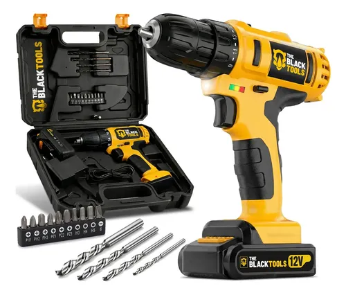 Furadeira Parafusadeira Sem Fio A Bateria Tb-12e 12v 3/8 10mm Com Maleta E Acessórios The Black Tools Amarelo/preto 127/220v 60