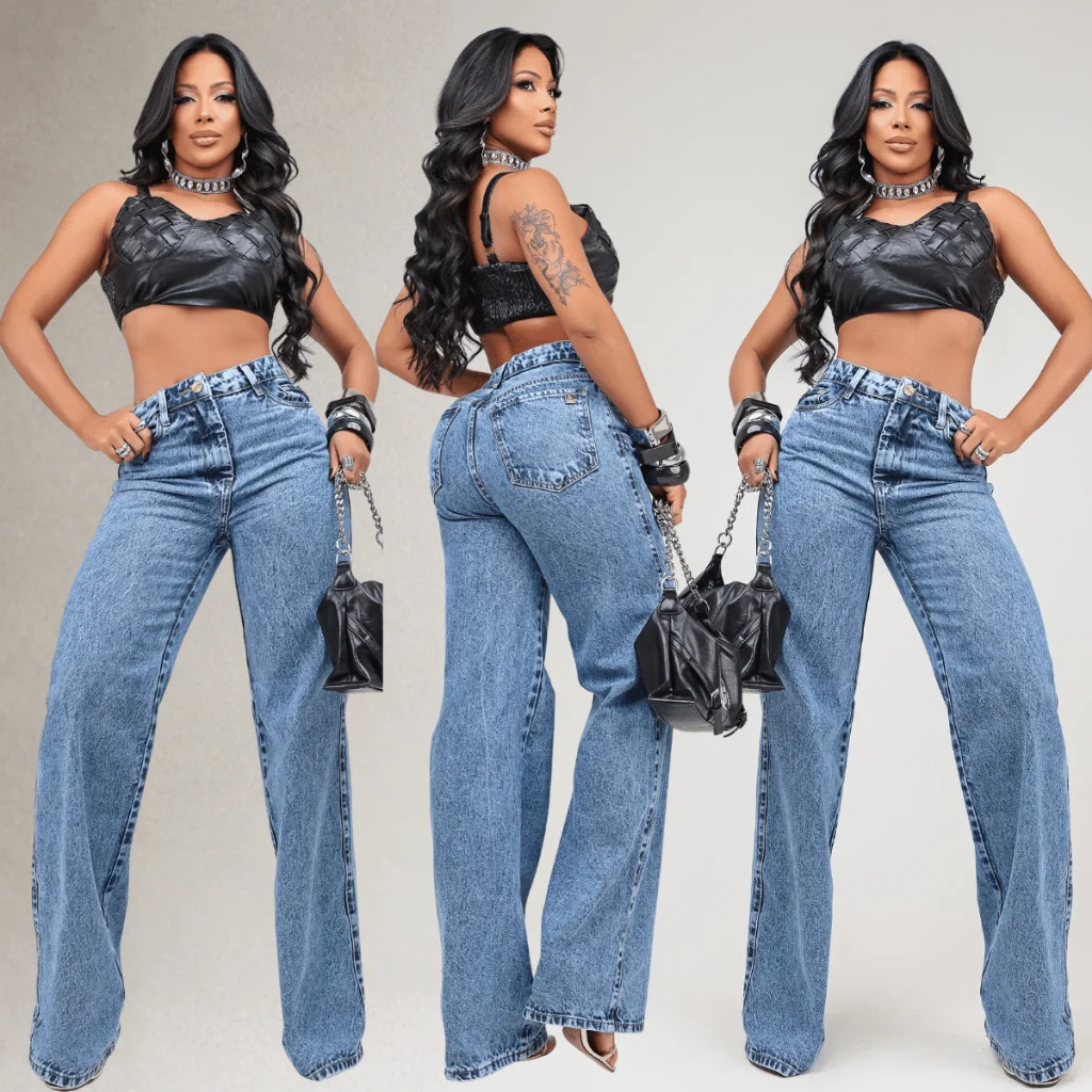 Calça Wid Leg Jeans Feminina Cintura Alta 100% Algodão Premium