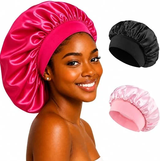 Touca de Cetim com Faixa Elástica Larga Anti Frizz Para Dormir Confortável - Tamanho Grande - Todos os Tipos de Cabelo Liso Crespo Ondulado Cacheado Longos Black Power - Material Premium