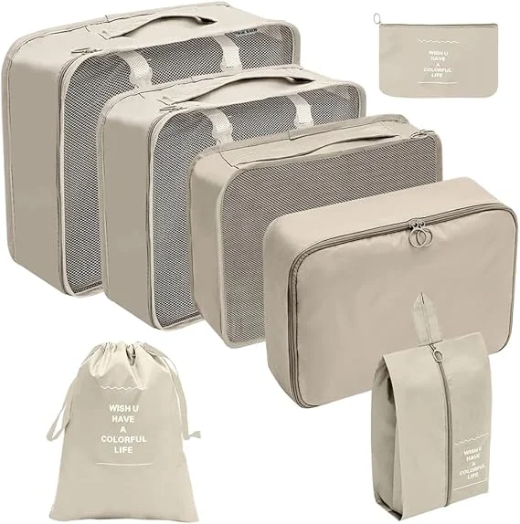 Organizador Viagem Kit 7 Peças - Necessaire para Bagagem Malas Roupas Bolsa Cosméticos Higiene - Dobrável Impermeável Multiuso Feminina Masculina Unissex Grande Compacto Prático (AZUL CLARO)