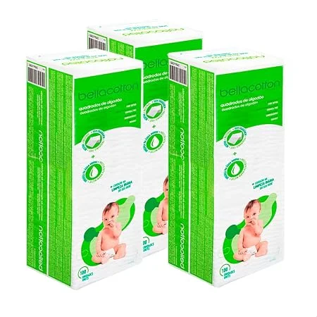 Kit Algodão Bellacotton Quadrado Hipoalergênico para Bebês (3 Pcts - 300 unidades)