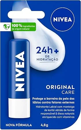 NIVEA Hidratante Labial Original Care 4,8g, Hidratação Intensa 24h, Protege contra Ressecamento, Cuidado Diário, Manteiga de Karité
