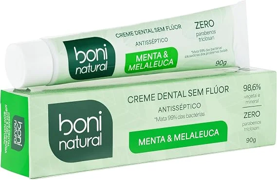 BONI NATURAL - Creme Dental com óleos naturais de Menta e Melaleuca Vegano e Natural, Sem Flúor, Sem Triclosan, 90g, 3 unidades Leve Mais Pague Menos