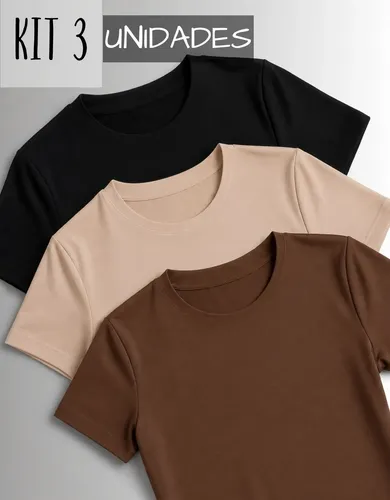 Kit 3 Camisetas Manga Curta Blusas Femininas Baby Look Comfy Preto+marrom+nude M