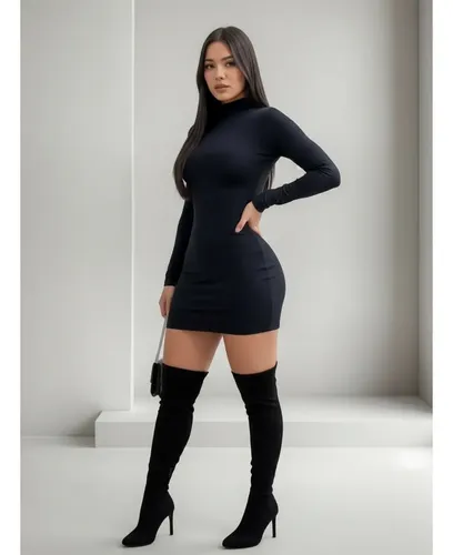 Vestido Tubinho Justo Curto Manga Longa Gola Alta Gringa