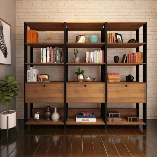 Conjunto 3 Estantes Para Livros Industrial 1 Porta Mdp Db Marrom