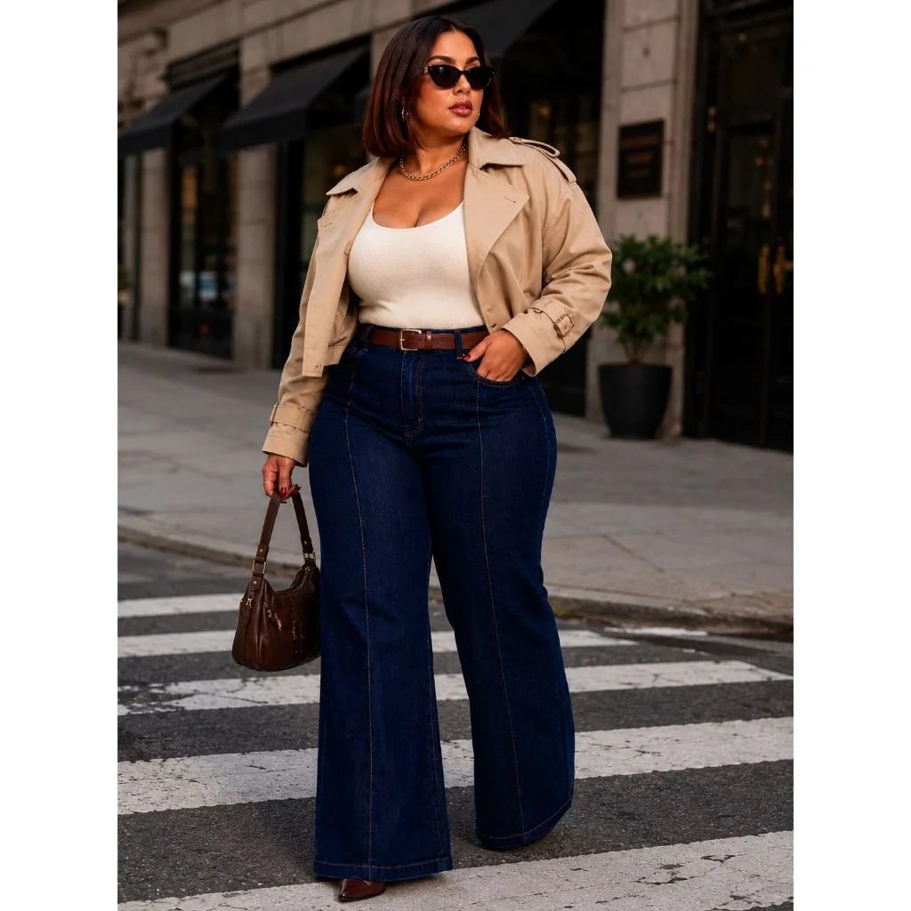 Calça feminina plus size wide leg jeans
