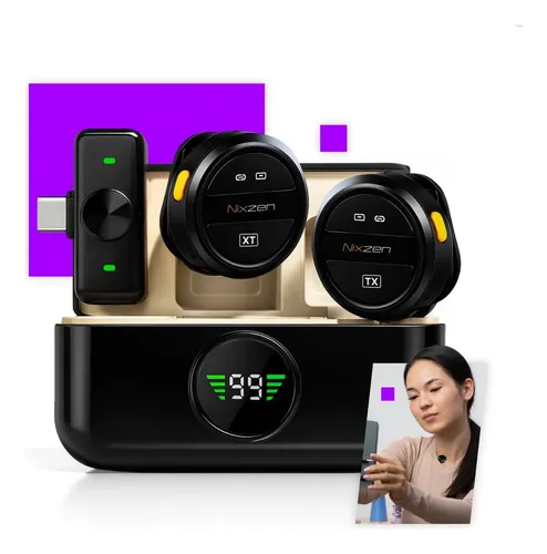Microfone Lapela Redondo Sem Fio Tipo-C Duplo Anti Ruído P/ Android E iPhone 15 16 17 Com Caixinha Para Carregamento Portátil Cor Preto Nixzen