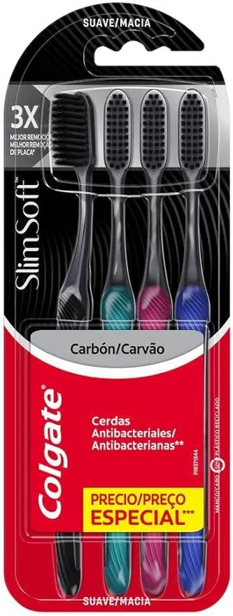 Colgate Escova de Dentes Slim Soft Premium 4 Unidades | Cerdas Finas, Limpeza Profunda, Infusão de Carvão Ativado