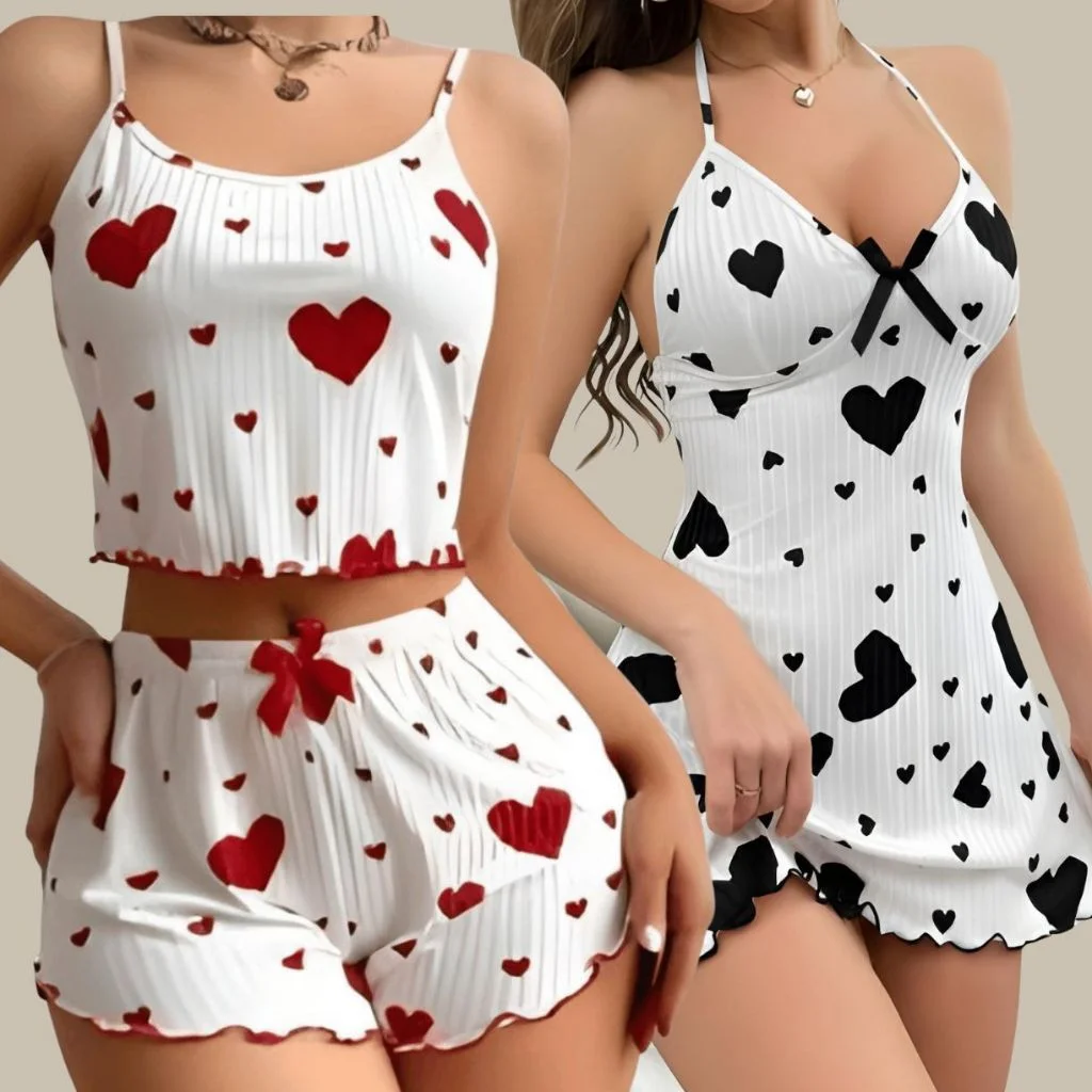 Kit 2 Peças Camisola + Pijama Baby Doll Feminino Sexy Lingerie Estampado Coração