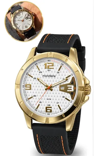 Relógio De Pulso Mondaine Com Corria De Silicone Cor Preto - Fondo Branco - Bisel Dourado