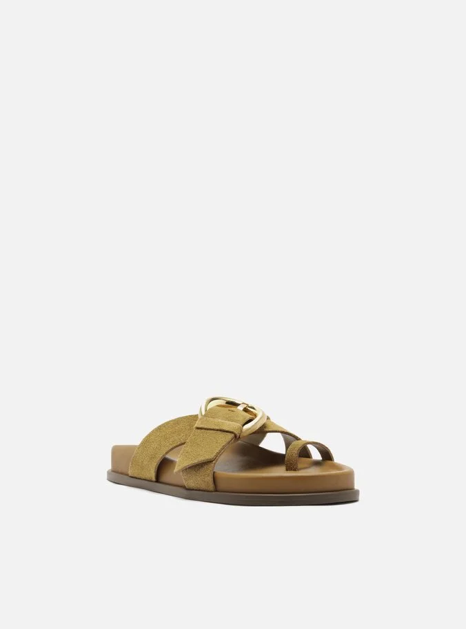 Sandália Papete Marrom Acamurçada Flatform Fivela Dourada