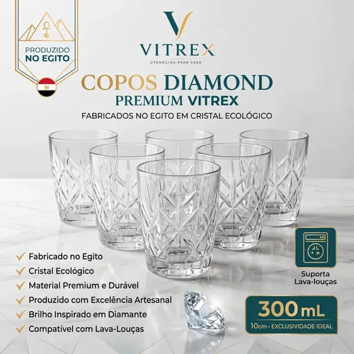 Jogo 6 Copos Diamond Egipcio 300ml Vidro Grosso Diamante Luxo Transparente Vitrex