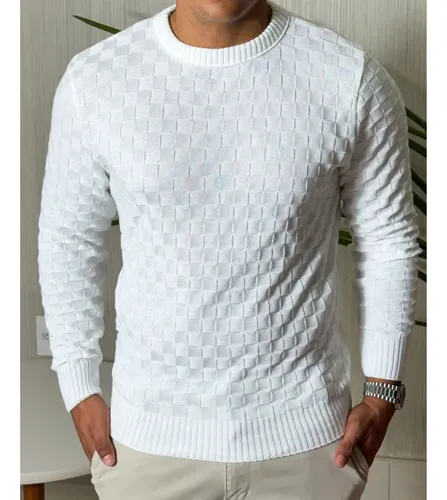 Suéter Masculino Lã Tricot Manga Longa Xadrez Blusa De Frio